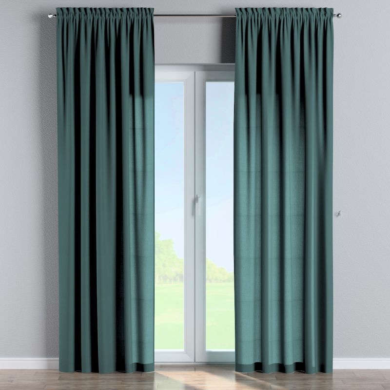 Zasłona na kanale z grzywką Dekoria 130x245 cm Linen zgaszona szmaragdowa zieleń 1 szt.