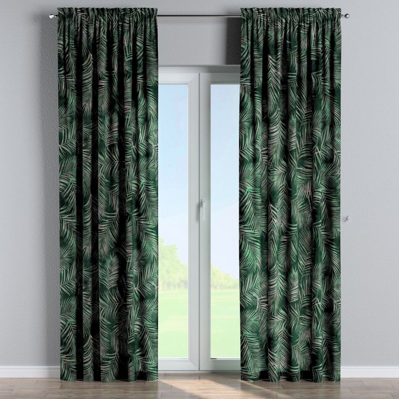 Zasłona na kanale z grzywką Dekoria 130x245 cm Velvet liscie na zielonym tle 1 szt.