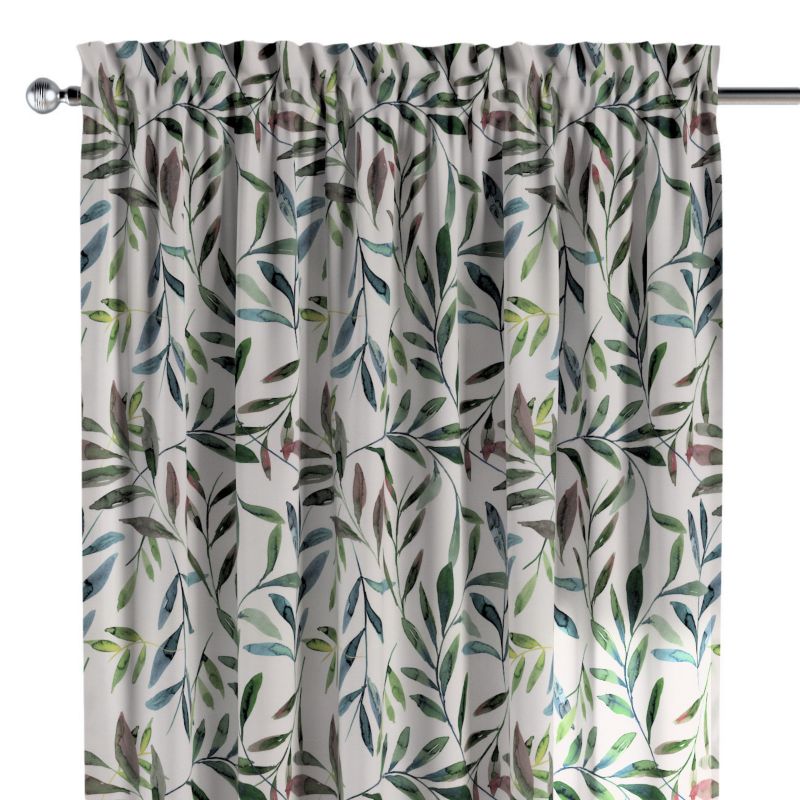 Zasłona na kanale z grzywką Dekoria 130x260 cm Eden zielone gałązki na białym tle 1 szt.