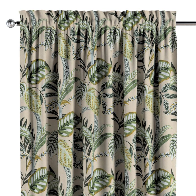 Zasłona na kanale z grzywką Dekoria 130x260 cm Flowers oliwkowo-zielone liście na lnianym tle 1 szt.