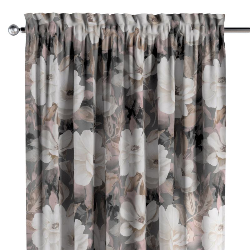 Zasłona na kanale z grzywką Dekoria 130x260 cm Gardenia kremowe i różowe kwiaty na szarym tle 1 szt.