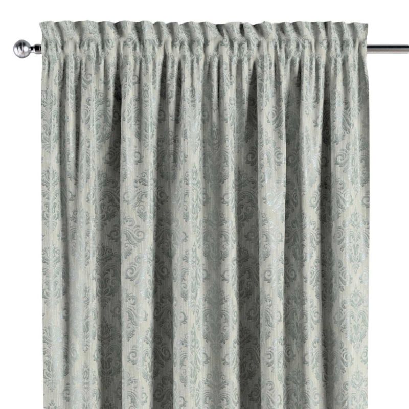 Zasłona na kanale z grzywką Dekoria 130x260 cm Imperia Premium srebrno-niebieski ornament na szarym tle 1 szt.