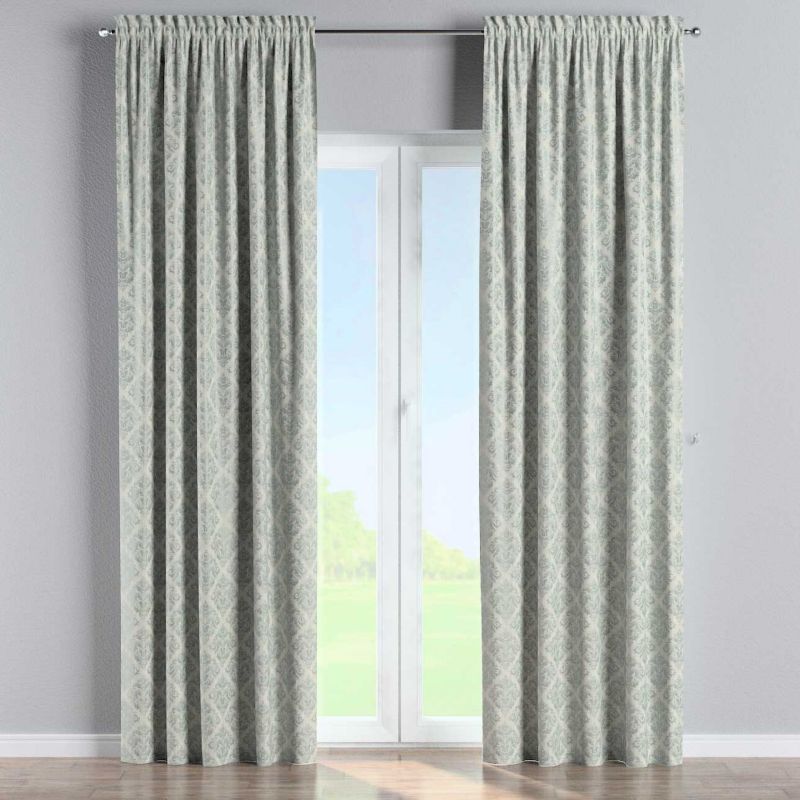 Zasłona na kanale z grzywką Dekoria 130x260 cm Imperia Premium srebrno-niebieski ornament na szarym tle 1 szt.