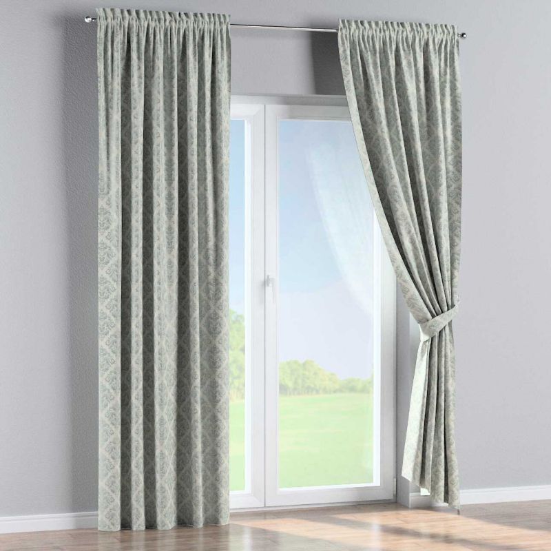 Zasłona na kanale z grzywką Dekoria 130x260 cm Imperia Premium srebrno-niebieski ornament na szarym tle 1 szt.