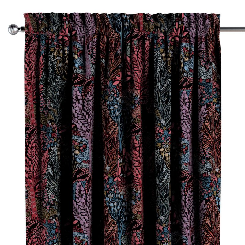 Zasłona na kanale z grzywką Dekoria 130x260 cm Intenso Premium kolorowe rośliny na czarnym tle 1 szt.
