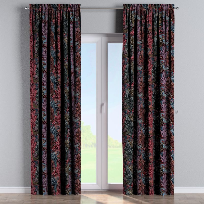 Zasłona na kanale z grzywką Dekoria 130x260 cm Intenso Premium kolorowe rośliny na czarnym tle 1 szt.