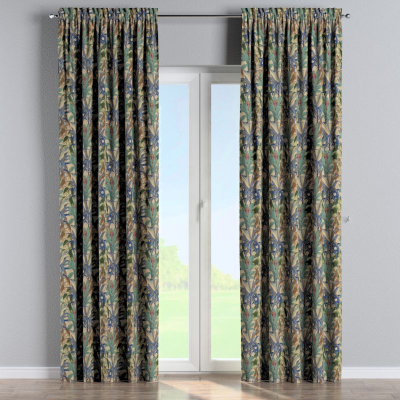 Zasłona na kanale z grzywką Dekoria 130x260 cm Intenso Premium zielono-niebieskie motywy roślinne 1 szt.