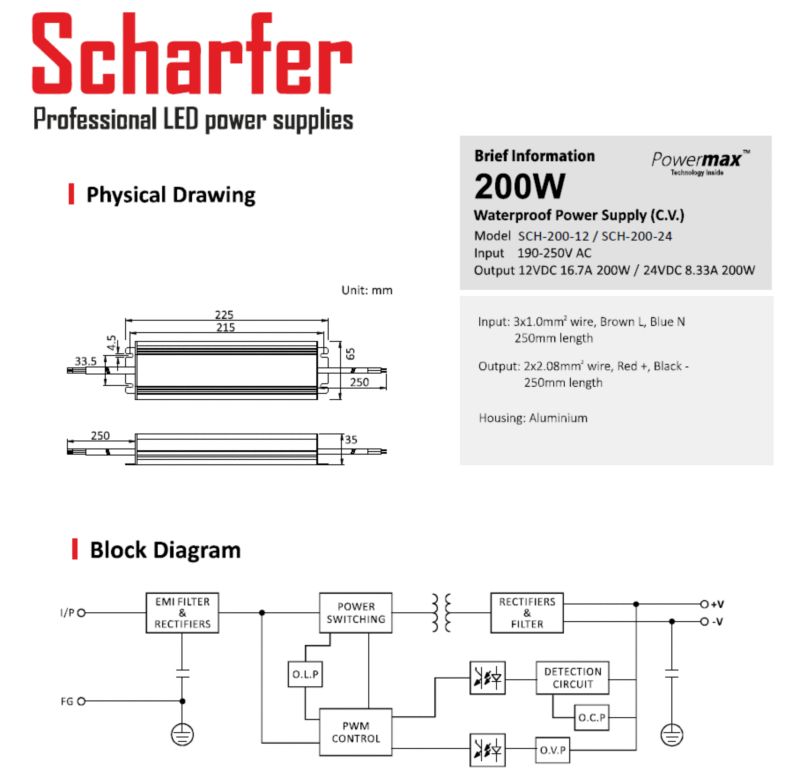 Zasilacz hermetyczny SCHARFER 200W 12V IP67 16.67A uniwersalny  SCH-200-12 1 szt.