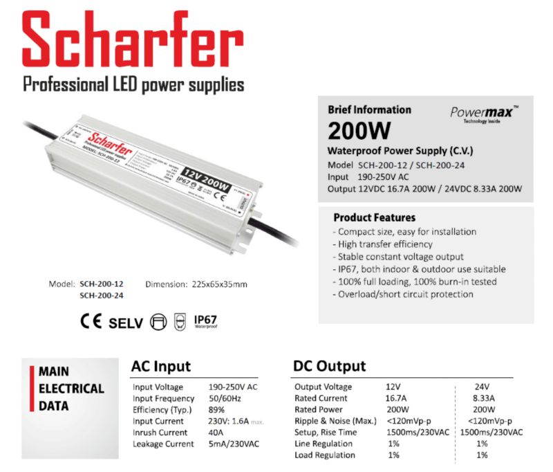 Zasilacz hermetyczny SCHARFER 200W 12V IP67 16.67A uniwersalny  SCH-200-12 1 szt.