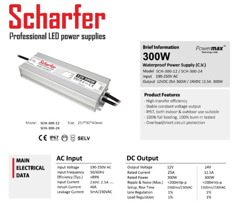 Zasilacz hermetyczny SCHARFER 300W 12V IP67 25A uniwersalny Scharfer SCH-300-12 1 szt.