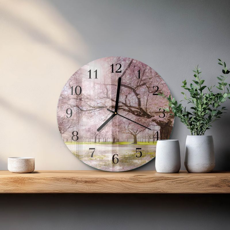 Zegar Ścienny Bez Tykania Tulup fi30 cm z Czarnymi Wskazówkami Drzewa Wiśniowe 1 szt.