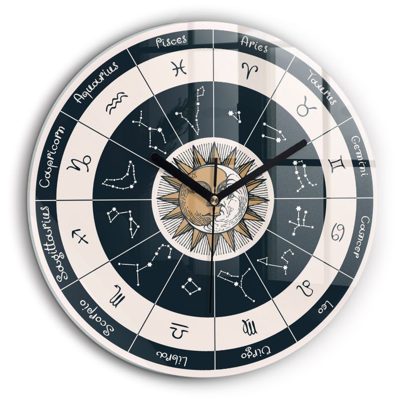 Zegar szklany czarne wskazówki Wallfluent fi60 cm Gwiazdozbiory zodiaki 1 szt.