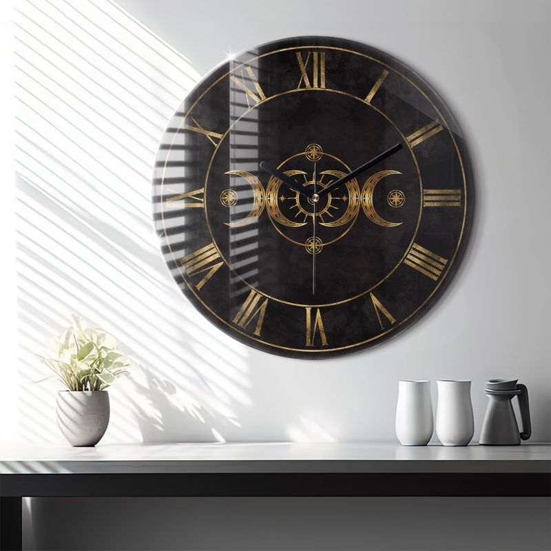 Zegar szklany czarne wskazówki Wallfluent fi60 cm Złote cyfry rzymskie 1 szt.