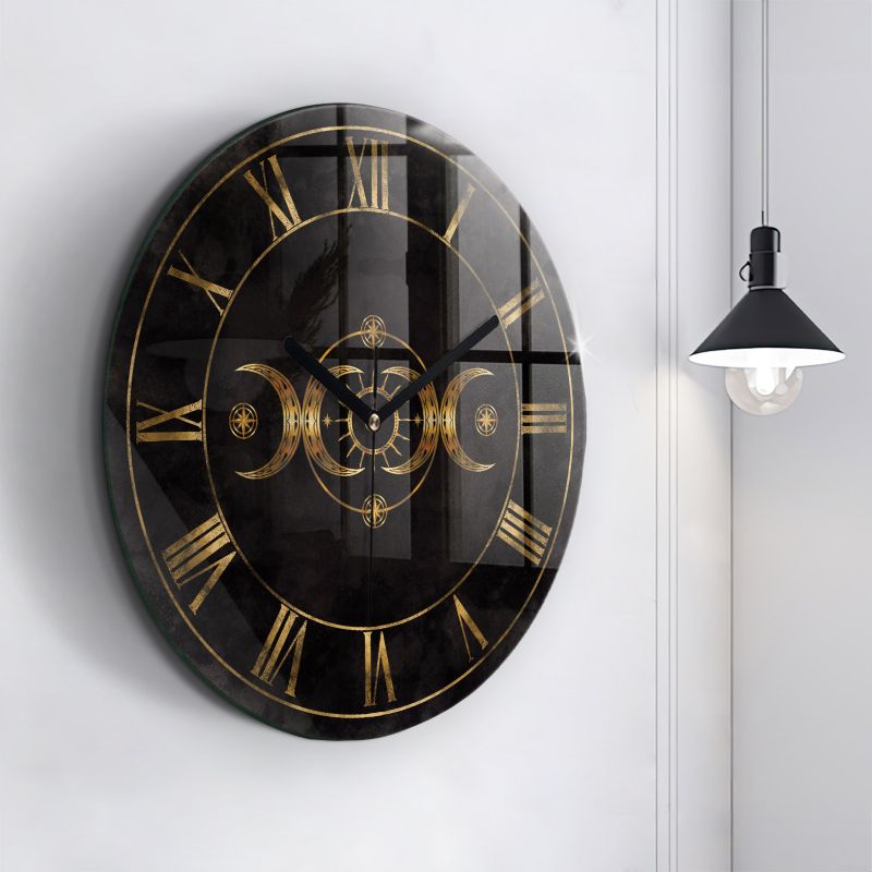 Zegar szklany czarne wskazówki Wallfluent fi60 cm Złote cyfry rzymskie 1 szt.