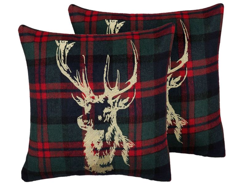 Zestaw 2 poduszek W kratkę Rudolph 45 x 45 cm Czerwony Zielony Złoty Niebieski Czarny 1 par.