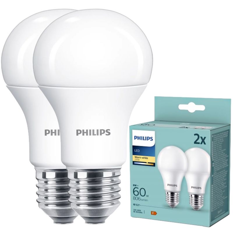 Zestaw 2x żarówka A60 Philips E27 LED 8W 2700 K WW 806 lm FR ND 2PF/6 DISC 1op.