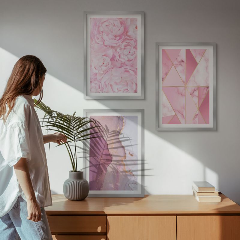 Zestaw 3 obrazów w srebrnej ramie Tulup 40x60 cm Różowe piwonie geometryczne Obrazy w srebrnej ramie 1 kpl