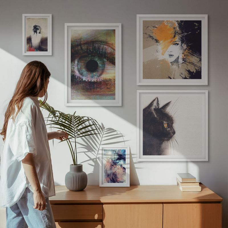 Zestaw 5 obrazów w białej ramie Tulup Fale żółte szaro brązowe Nowoczesny design 1 kpl