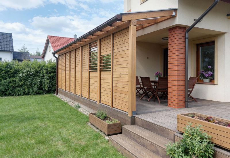 Zestaw żaluzji tarasowych drewnianych WOODINO Stalowy mechanizm ANTRACYT + 12 desek - Świerk - Szerokość desek: 100 cm - 1 komplet