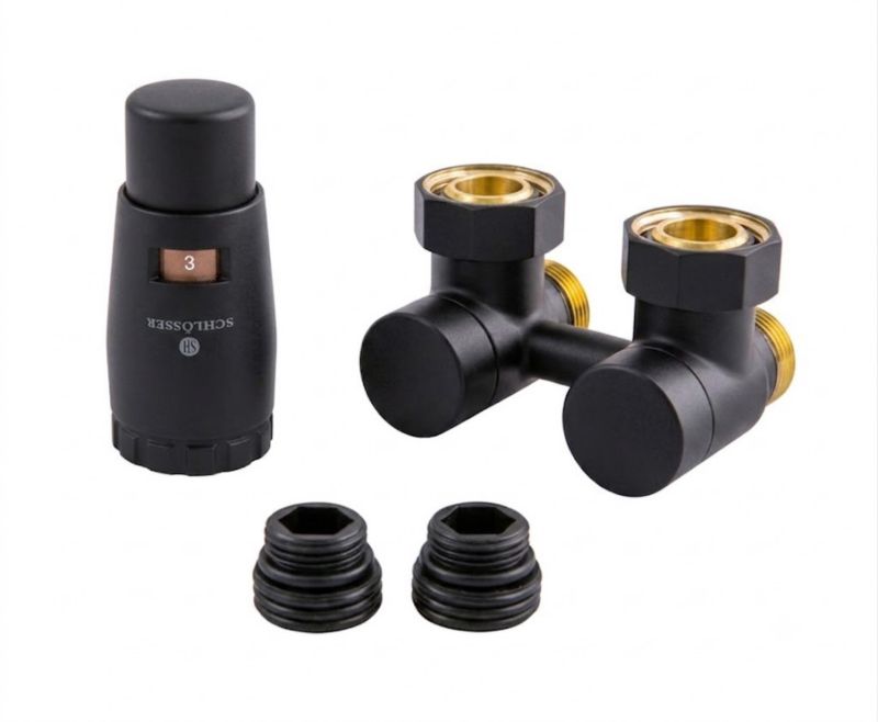 Zestaw armatury Ekskluzywnej SCHLOSSER G 3/4 x M22x1,5 kątowy, nypel 2 szt G 1/2 x 3/4 z głowicą Mini Brillant czarny 1 szt.