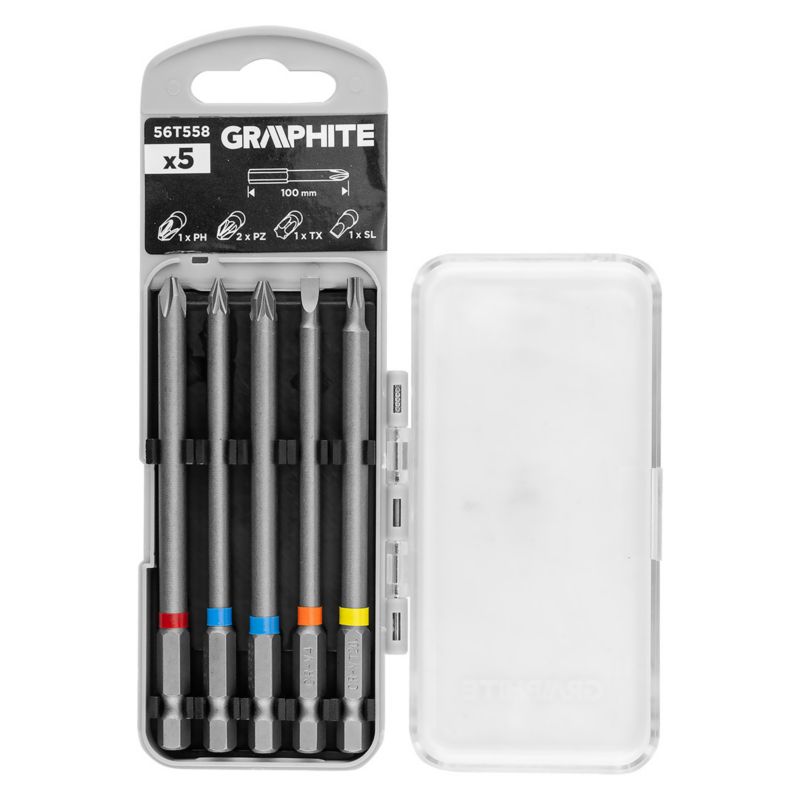 Zestaw bitów GRAPHITE 5 szt., 100 mm - 1 x PH, 2 x PZ, 1 x SL, 1 x TX 1 kpl