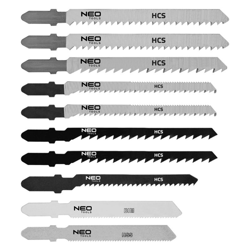 Zestaw brzeszczotów do wyrzynarki, NEO TOOLS 6, 8, 10/21, 12, 21 TPI, HCS/HSS/BIM, uchwyt typu T, 10 szt. 1 kpl