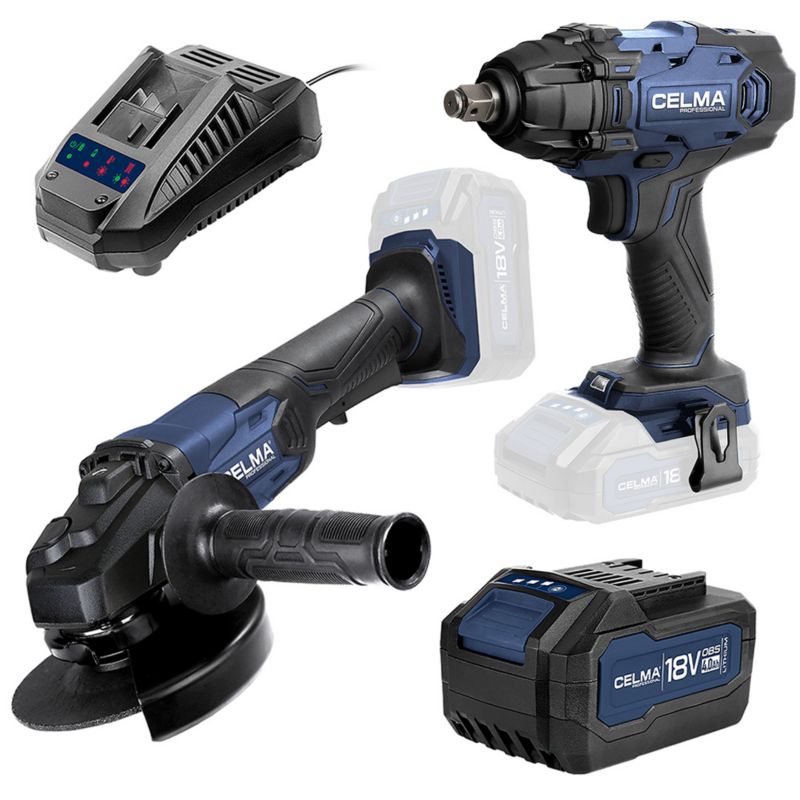 Zestaw CELMA Professional Klucz udarowy WDK-Li 18OBS + Szlifierka kątowa PRAg-Li 125OBS + 1xAku4Ah + 1xŁad 1 szt.
