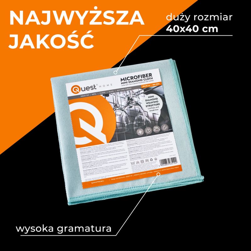 Zestaw ściereczek z mikrofibry 40x40 cm QUEST, do mycia szkła, okien, luster i kieliszków - jasnoniebieski, 3 szt.