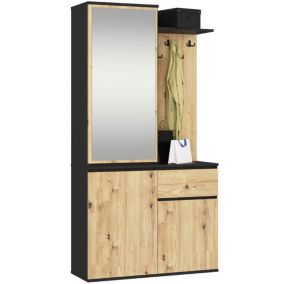 Zestaw do przedpokoju z lustrem AKORD ENTRO Czarny, Dąb Artisan 95 cm 1 szuflada 3 drzwi 7 półek 95x35x183 cm 1 zestaw