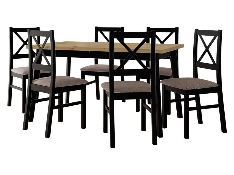 Zestaw DR11 MIRJAN 24 Stół rozkładany Oslo V 80x140/180 + 6 krzeseł Nilo 10 dąb artisan + czarny + jasnobrązowa tapicerka 1 kpl.
