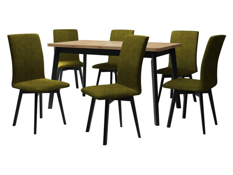 Zestaw DR24 MIRJAN 24 Stół rozkładany Oslo VI 80x140/180 + 6 krzeseł Luna 2 dąb artisan + czarny + ciemnozielona tapicerka 1 kpl.