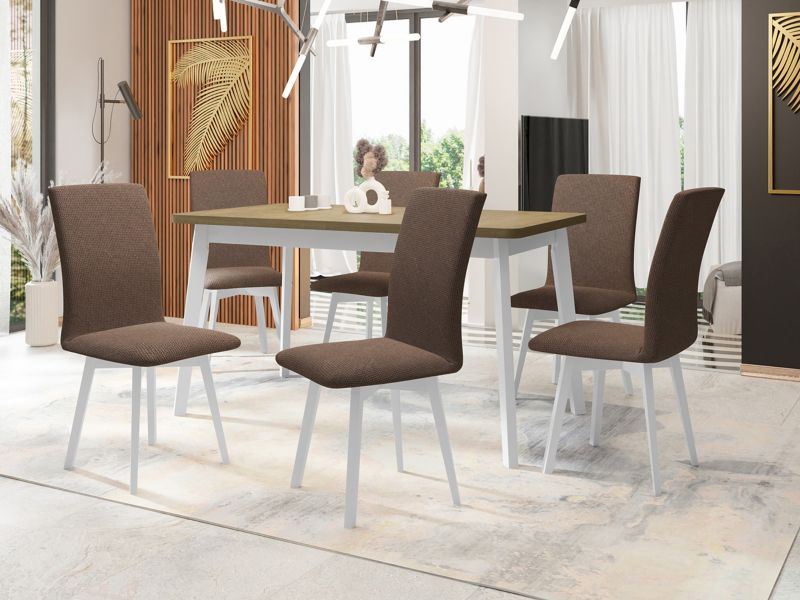 Zestaw DR24 MIRJAN 24 Stół rozkładany Oslo VI 80x140/180 + 6 krzeseł Luna 2 sonoma + biały + brązowa tapicerka 1 kpl.
