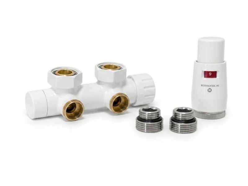 Zestaw DuoPlex SCHLOSSER G 3/4 x M22x1,5 z głowicą Mini Brillant kątowy lewy biały, Nypel 2 szt G 1/2 x 3/4 1 szt.