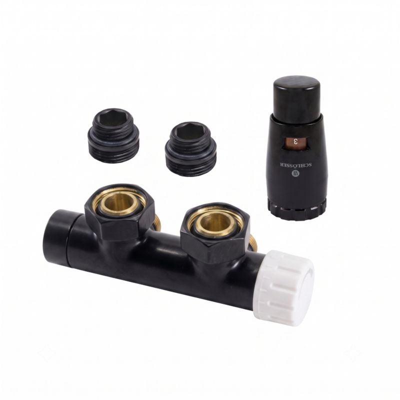 Zestaw DuoPlex SCHLOSSER z głowicą Mini Brillant, 3/4 x M22x1,5, figura kątowa lewa, 2 szt nypel G 1/2 x 3/4 czarny mat 1 szt.