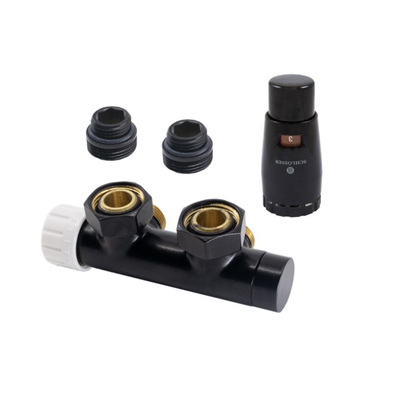 Zestaw DuoPlex SCHLOSSER z głowicą Mini Brillant, 3/4 x M22x1,5, figura kątowa prawa, 2 szt nypel G 1/2 x 3/4 czarny mat 1 szt.