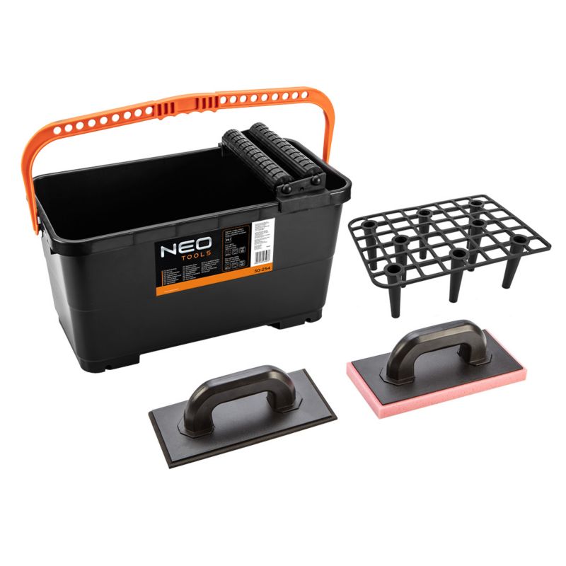 Zestaw glazurniczy NEO TOOLS pojemnik z kratką i rolkami 24l, paca z gumą, paca z gąbką miękką 1 kpl