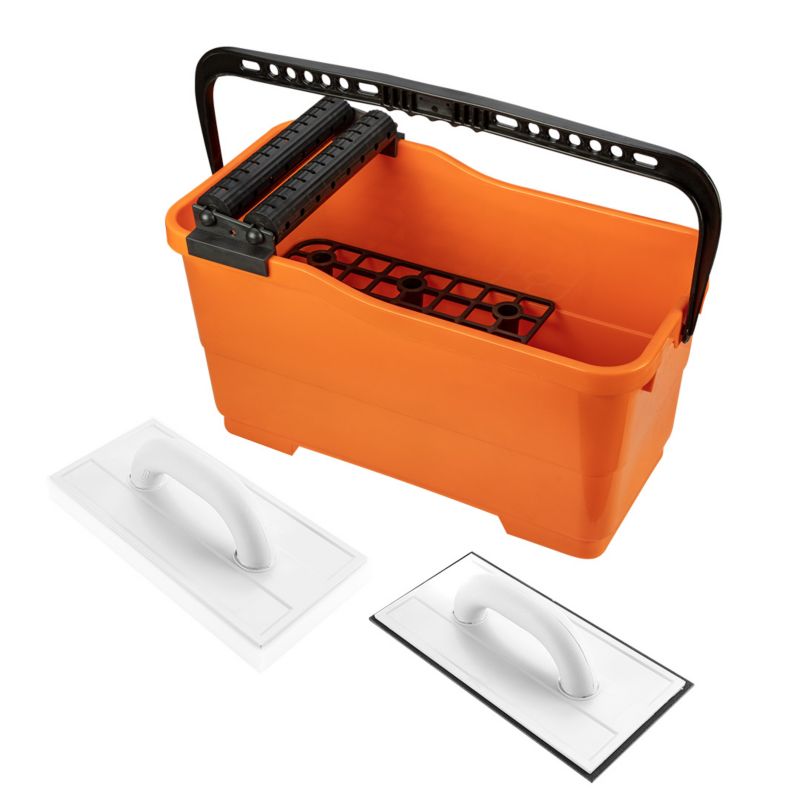 Zestaw glazurniczy NEO TOOLS pojemnik z kratką i rolkami 25l, paca z gumą, paca z gąbką miękką 1 kpl