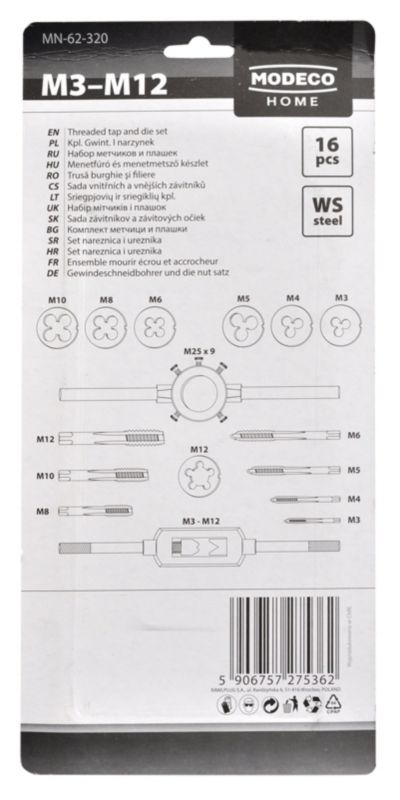 Zestaw gwintowników i narzynek Home Tools M3-M12 - opakowanie plastikowe - 16 el.