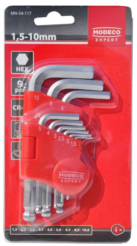 Zestaw kluczy imbusowych Modeco Expert HEX z kulką Cr-V krótkie 1,5-10 mm - blister - 9 el.