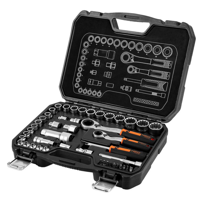 Zestaw kluczy NEO TOOLS  nasadki przelotowe 1/4" + 3/8", 46 szt. 1 kpl