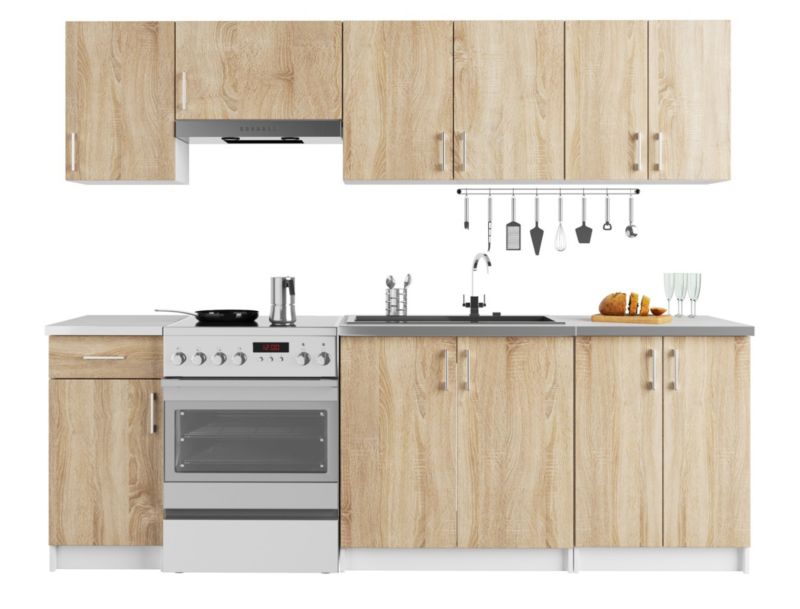 Kuchyňská sestava Akord Lima 2,4m Bílá 240 cm 11 dvířek 1 zásuvka Dub Sonoma barva matná 12 polic 240x44,5x203 cm 1 sada.