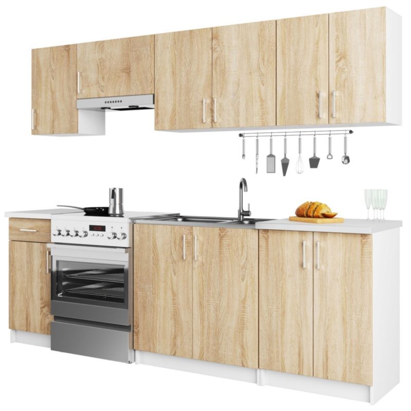 Kuchyňská sestava Akord Lima 2,4m Bílá 240 cm 11 dvířek 1 zásuvka Dub Sonoma barva matná 12 polic 240x44,5x203 cm 1 sada.