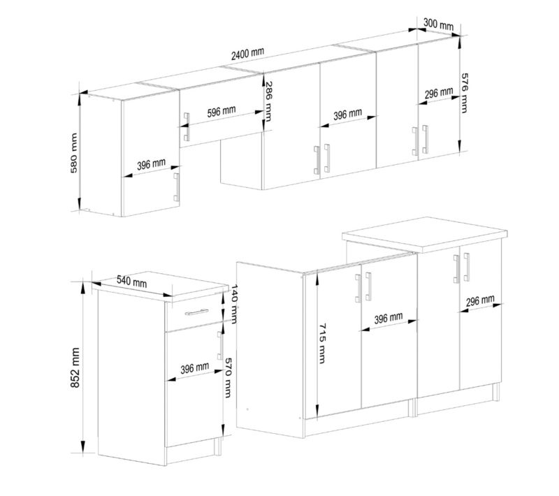 Kuchyňská sestava Akord Lima 2,4m Bílá 240 cm 11 dvířek 1 zásuvka Dub Sonoma barva matná 12 polic 240x44,5x203 cm 1 sada.