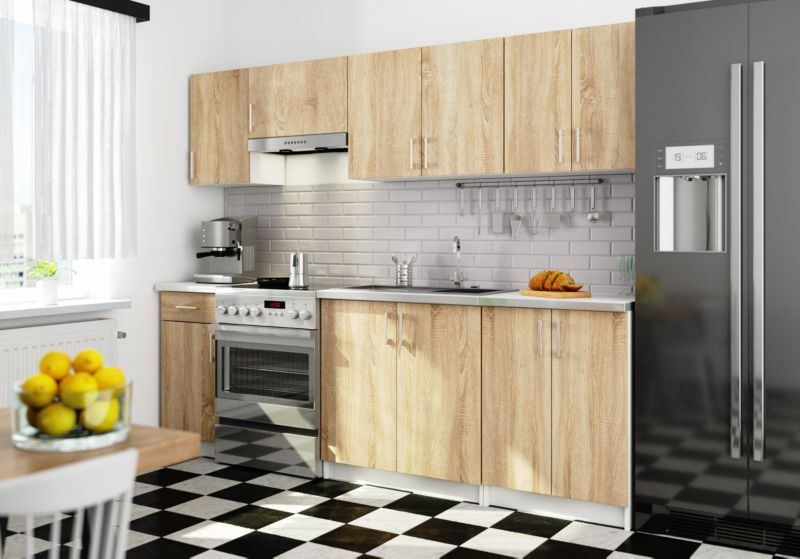 Kuchyňská sestava Akord Lima 2,4m Bílá 240 cm 11 dvířek 1 zásuvka Dub Sonoma barva matná 12 polic 240x44,5x203 cm 1 sada.
