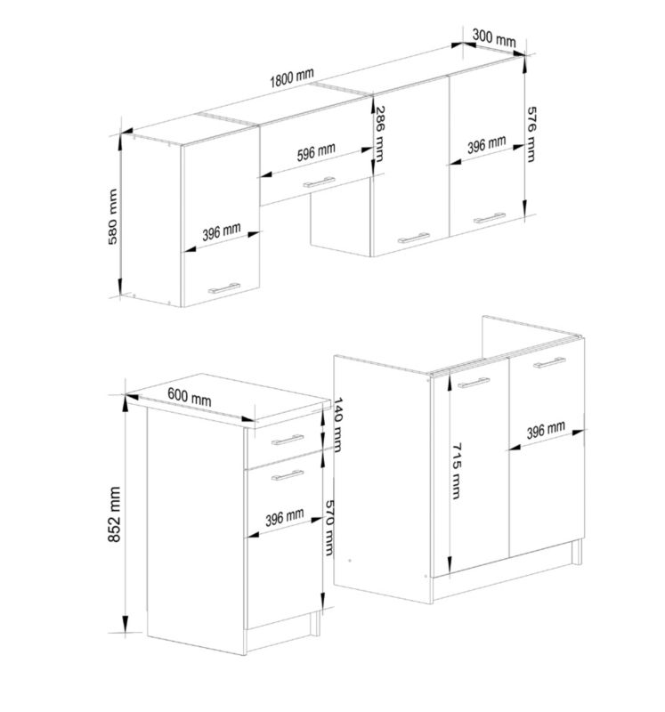 Kuchyňská sestava Akord Oliwia 1,8m Šedý beton 180 cm 7 dvířek 1 zásuvka Matná bílá barva 8 polic 180x46x203 cm 1 sada.