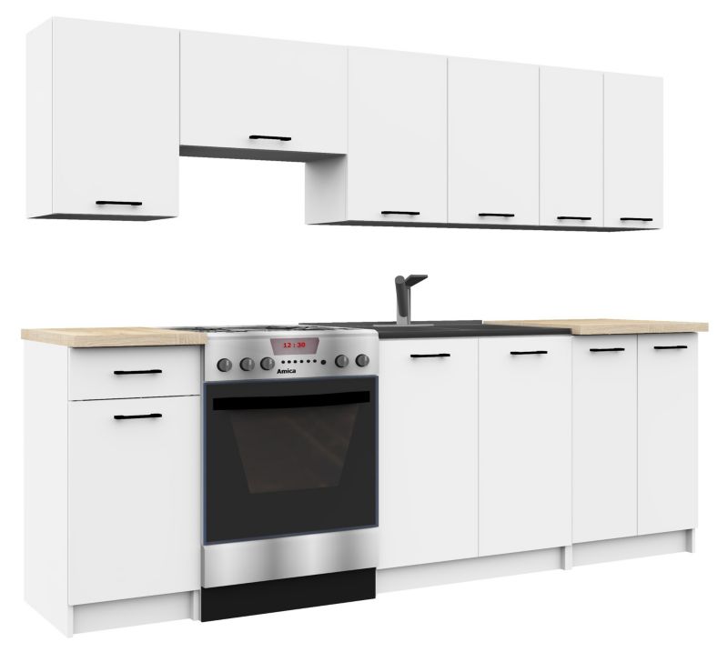 Zestaw kuchenny Akord Oliwia 2.4m Biały 240 cm 11 drzwi 1 szuflada kolor Biały mat 12 półek 240x46x203 cm 1 zestaw
