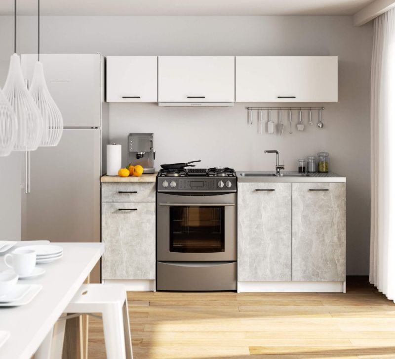 Kuchyňská sestava Akord Oliwia G1 1,8m Bílá 180 cm 6 dvířek 1 barva zásuvky Beton matný 6 polic 180x46x174 cm 1 sada.