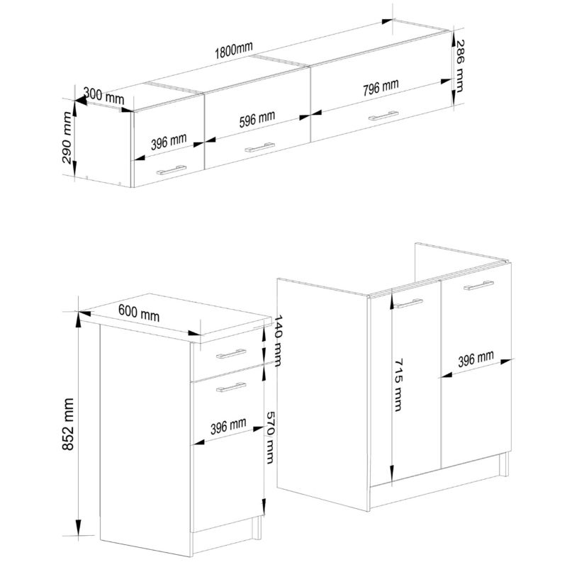 Kuchyňská sestava Akord Oliwia G1 1,8m Bílá 180 cm 6 dvířek 1 barva zásuvky Beton matný 6 polic 180x46x174 cm 1 sada.