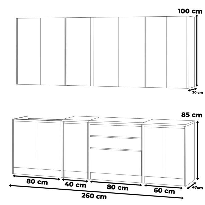 Zestaw Kuchenny Hurtownia-Mebli Z Blatem Kuchnia Bella 260cm Szary Mat Dąb Wotan/Biały Mat 260x47x185 cm 1szt.