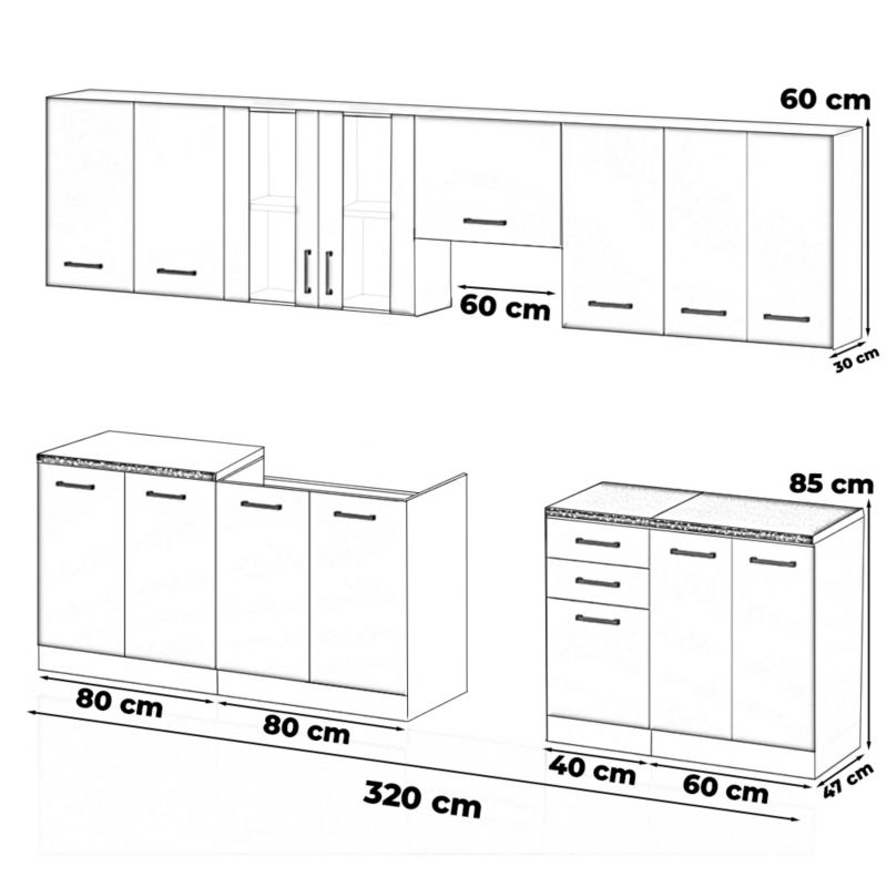 Zestaw Kuchenny Hurtownia-Mebli Z Blatem Kuchnia Jowita 3.2 320cm Biały Mat Dąb Wotan 320x47x145 cm 1szt.